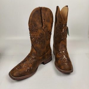 Roper Kennedy Metallic Copper Glitter Tooled Inlay Square Toe Cowboy Boots